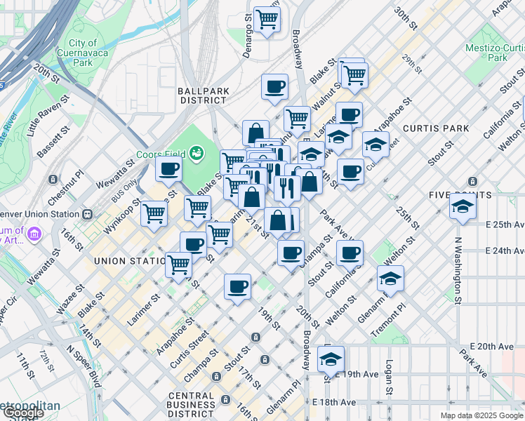 map of restaurants, bars, coffee shops, grocery stores, and more near 2201 Lawrence Street in Denver