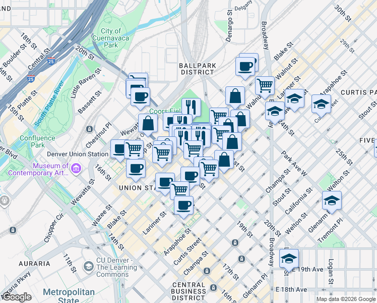 map of restaurants, bars, coffee shops, grocery stores, and more near 2005 Market Street in Denver