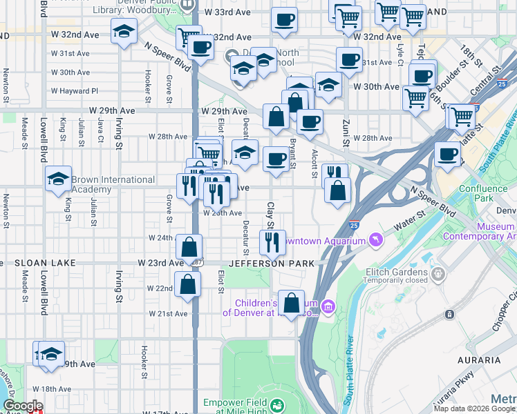 map of restaurants, bars, coffee shops, grocery stores, and more near 2714 West 26th Avenue in Denver