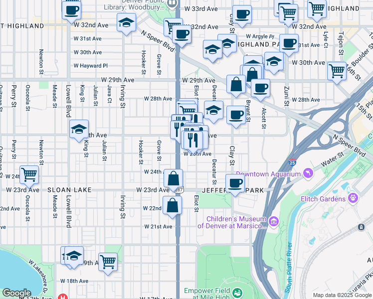 map of restaurants, bars, coffee shops, grocery stores, and more near 2920 West 26th Avenue in Denver
