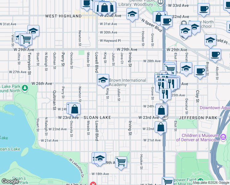 map of restaurants, bars, coffee shops, grocery stores, and more near 2551 Julian Street in Denver