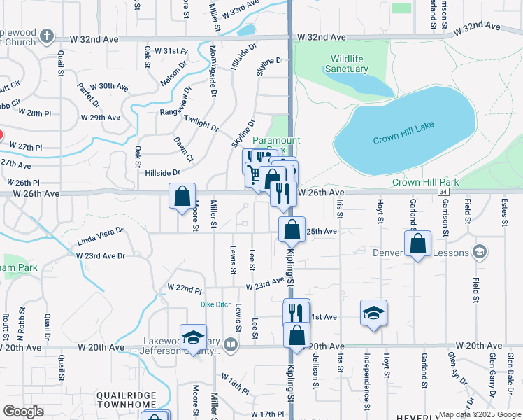 map of restaurants, bars, coffee shops, grocery stores, and more near 10110 County Road 34 in Wheat Ridge