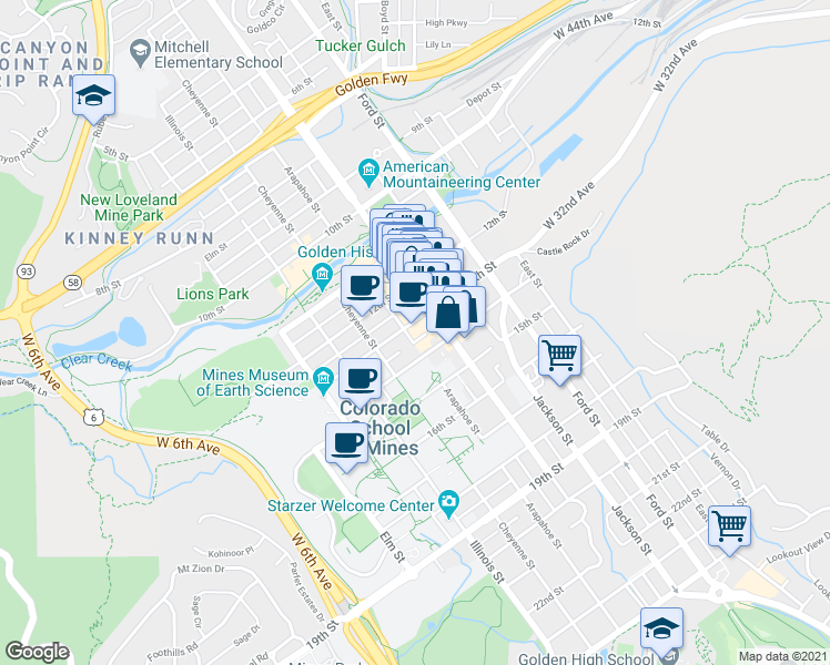 map of restaurants, bars, coffee shops, grocery stores, and more near 1301 Washington Avenue in Golden