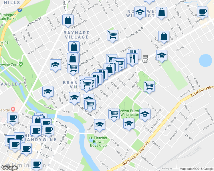 map of restaurants, bars, coffee shops, grocery stores, and more near 2602 North Market Street in Wilmington