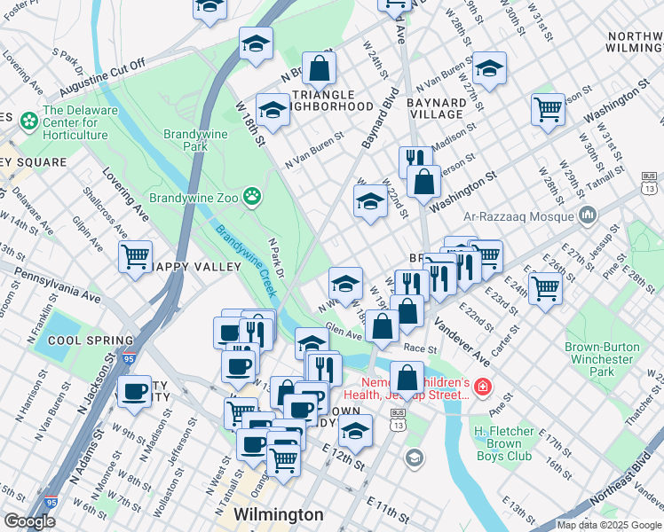 map of restaurants, bars, coffee shops, grocery stores, and more near 309 West 18th Street in Wilmington