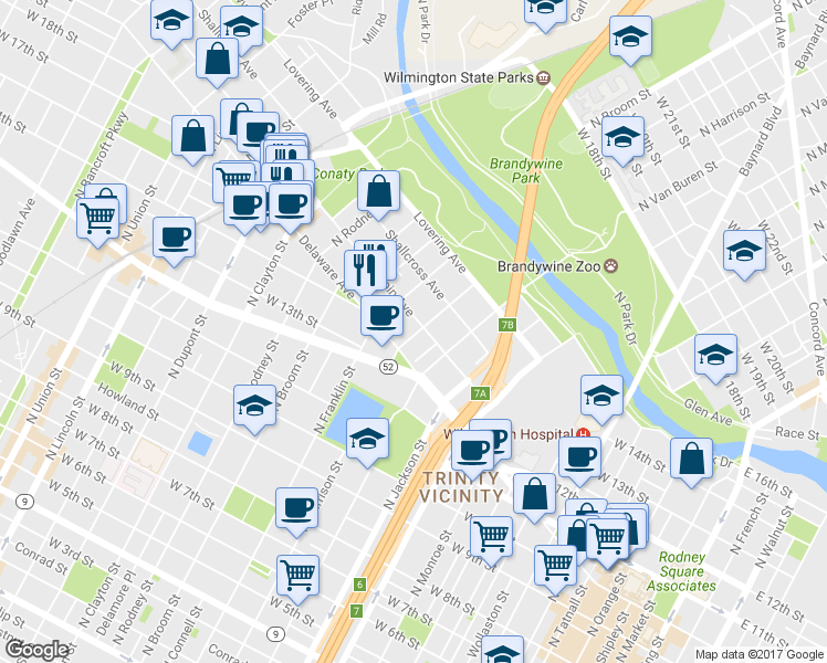 map of restaurants, bars, coffee shops, grocery stores, and more near 1203 Gilpin Avenue in Wilmington