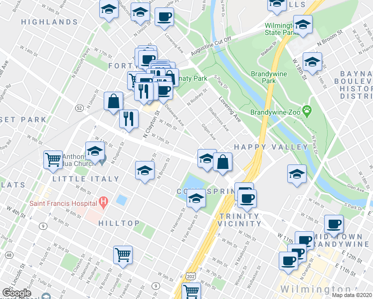map of restaurants, bars, coffee shops, grocery stores, and more near 1310 Delaware Avenue in Wilmington