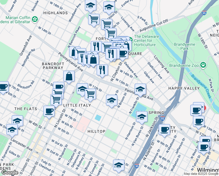 map of restaurants, bars, coffee shops, grocery stores, and more near 1607 Pennsylvania Avenue in Wilmington