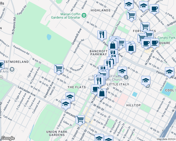map of restaurants, bars, coffee shops, grocery stores, and more near 2210 West 9th Street in Wilmington