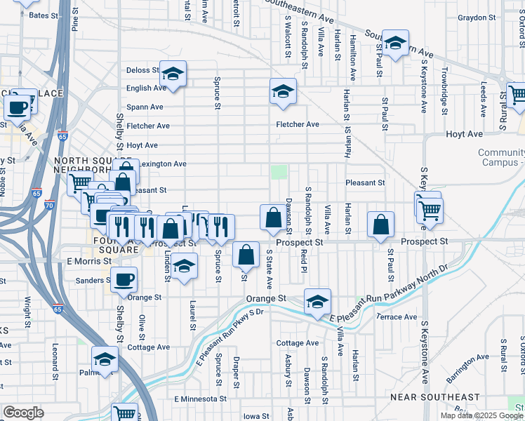 map of restaurants, bars, coffee shops, grocery stores, and more near 1623 Pleasant Street in Indianapolis