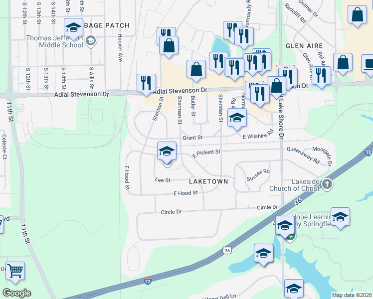 map of restaurants, bars, coffee shops, grocery stores, and more near 2006 Grant Street in Springfield