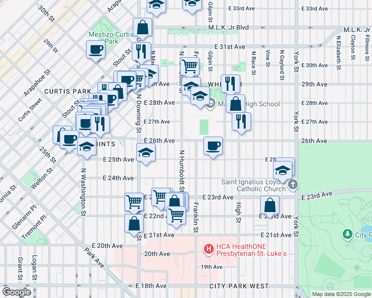 map of restaurants, bars, coffee shops, grocery stores, and more near 1425 East 26th Avenue in Denver