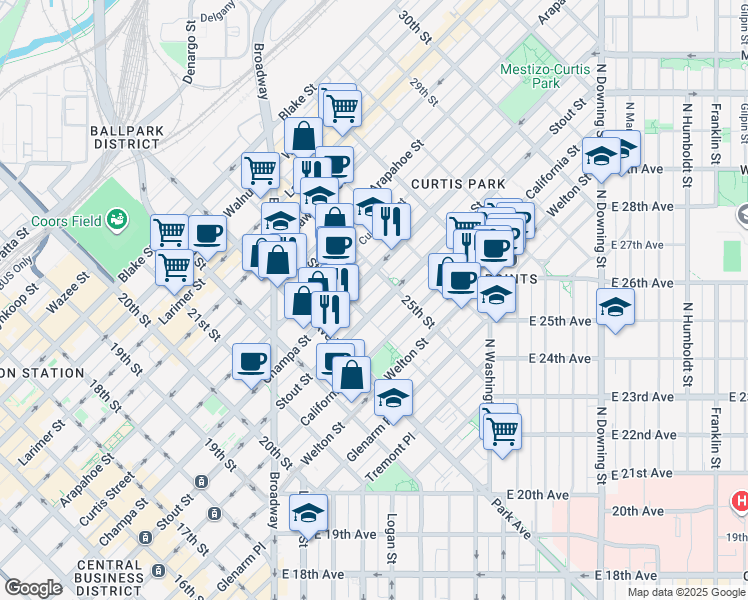 map of restaurants, bars, coffee shops, grocery stores, and more near 2432 Champa Street in Denver