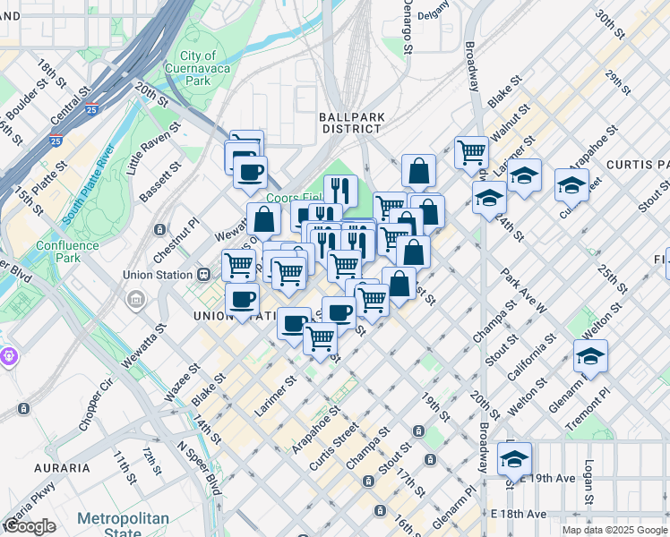 map of restaurants, bars, coffee shops, grocery stores, and more near 2005 Market Street in Denver