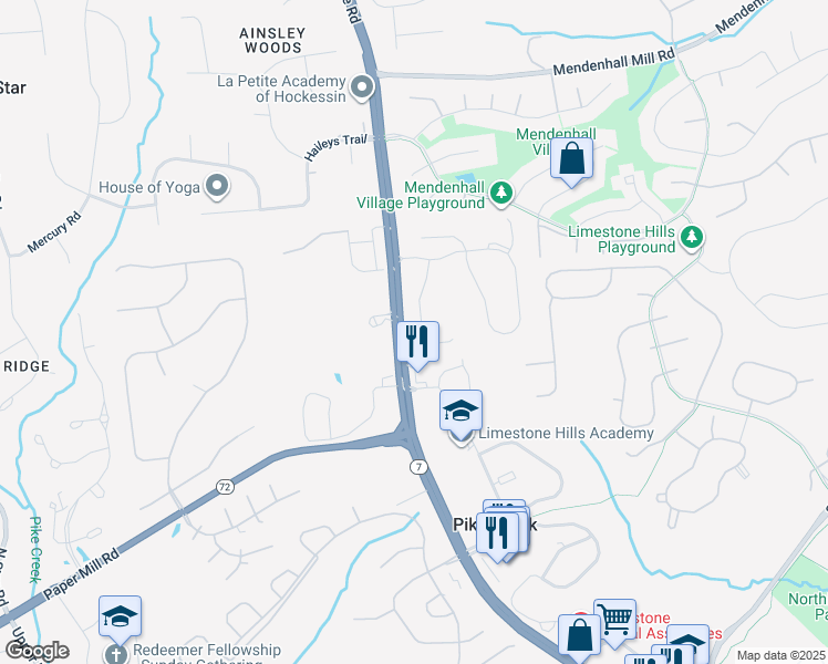 map of restaurants, bars, coffee shops, grocery stores, and more near 140 Pumpkin Patch Lane in Hockessin