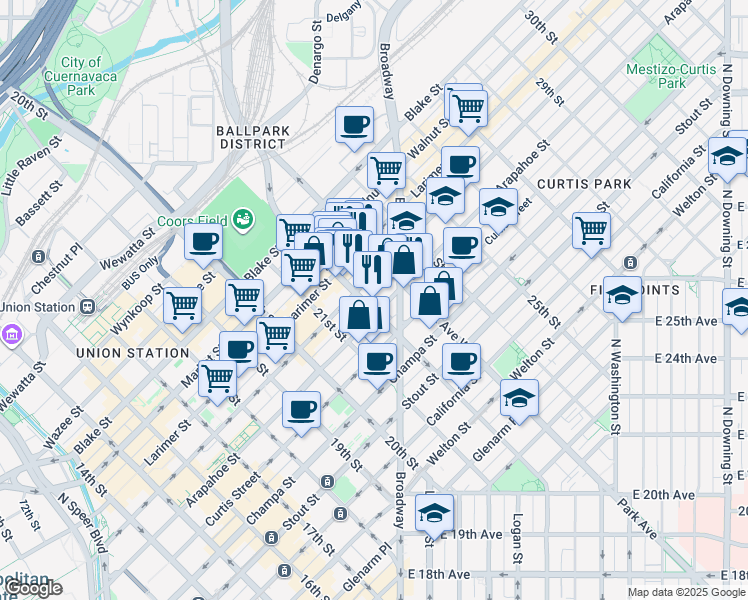 map of restaurants, bars, coffee shops, grocery stores, and more near in Denver