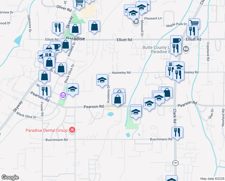 map of restaurants, bars, coffee shops, grocery stores, and more near 5699 Academy Drive in Paradise