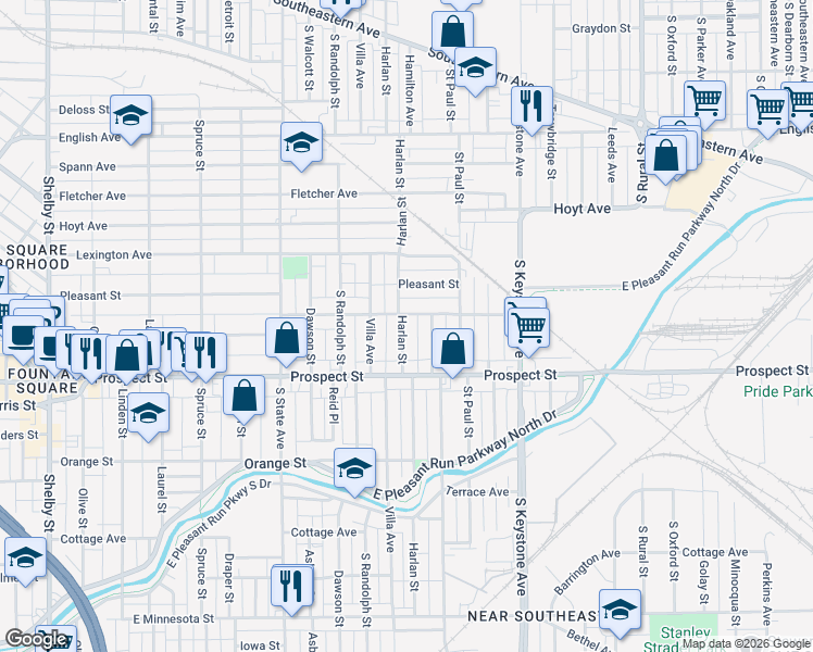 map of restaurants, bars, coffee shops, grocery stores, and more near 2118 Woodlawn Avenue in Indianapolis