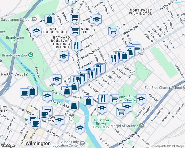 map of restaurants, bars, coffee shops, grocery stores, and more near 9 West 23rd Street in Wilmington