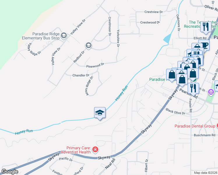 map of restaurants, bars, coffee shops, grocery stores, and more near 5811 Acorn Ridge Drive in Paradise