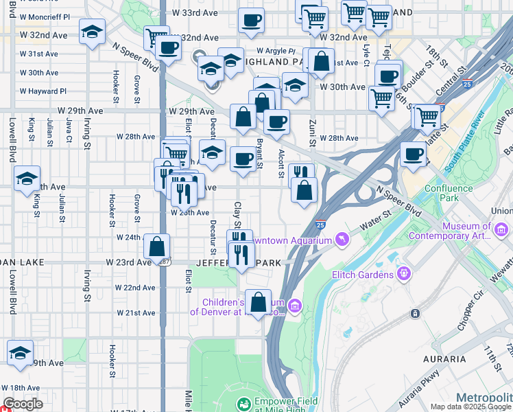 map of restaurants, bars, coffee shops, grocery stores, and more near 2515 Bryant Street in Denver
