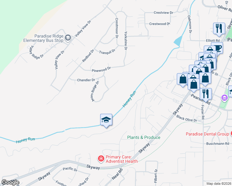 map of restaurants, bars, coffee shops, grocery stores, and more near 5815 Acorn Ridge Drive in Paradise