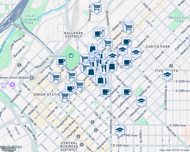 map of restaurants, bars, coffee shops, grocery stores, and more near 2201 Lawrence Street in Denver