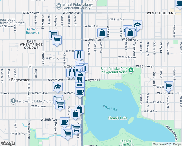 map of restaurants, bars, coffee shops, grocery stores, and more near 2500 Zenobia Street in Denver