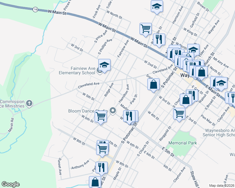map of restaurants, bars, coffee shops, grocery stores, and more near 314 West 4th Street in Waynesboro