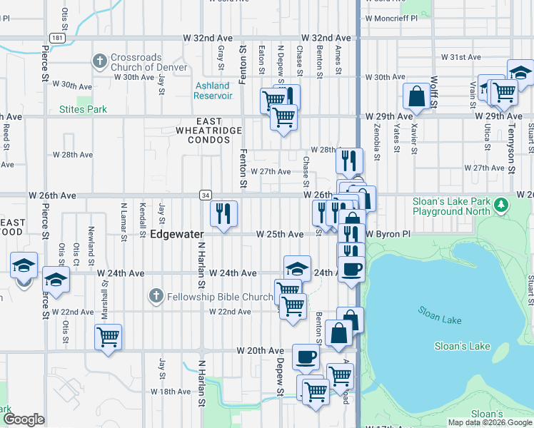 map of restaurants, bars, coffee shops, grocery stores, and more near 5630 West 26th Avenue in Edgewater