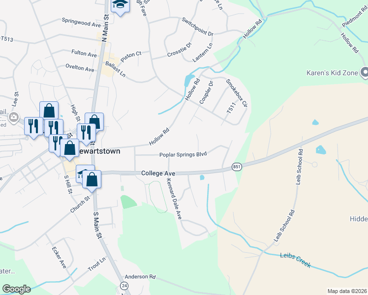 map of restaurants, bars, coffee shops, grocery stores, and more near 57 Poplar Springs Boulevard in Stewartstown