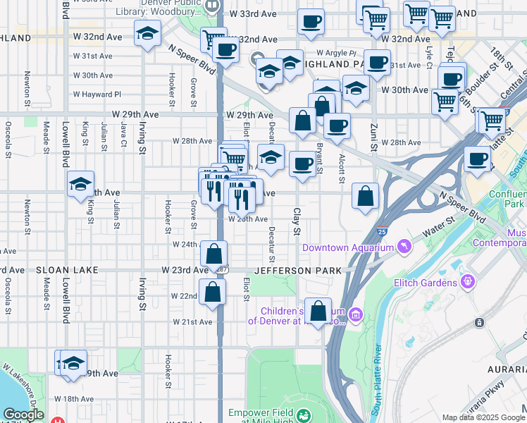 map of restaurants, bars, coffee shops, grocery stores, and more near 2812 West 26th Avenue in Denver