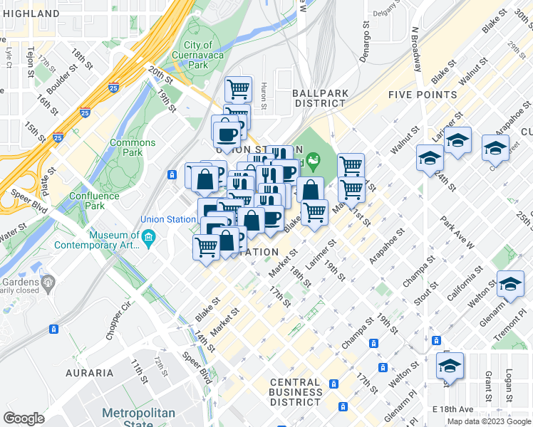 map of restaurants, bars, coffee shops, grocery stores, and more near 1601 19th Street in Denver