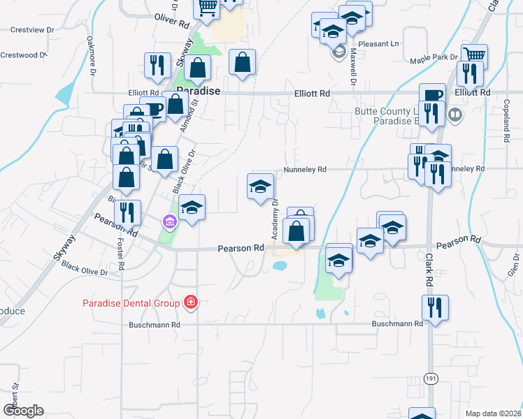 map of restaurants, bars, coffee shops, grocery stores, and more near 5699 Academy Drive in Paradise