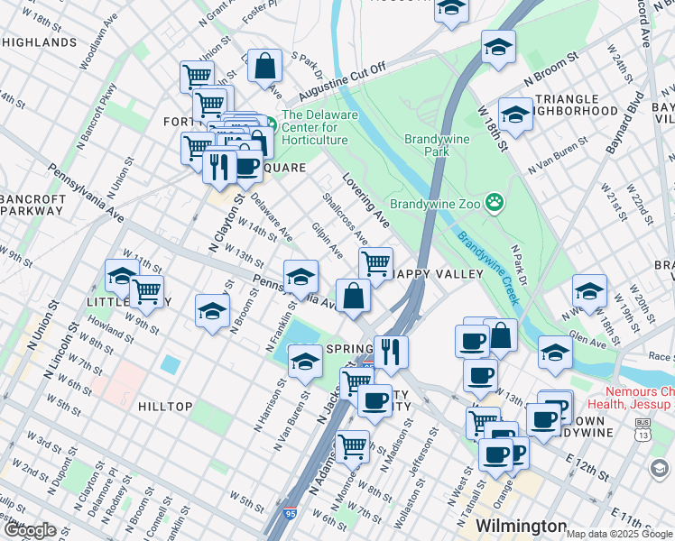map of restaurants, bars, coffee shops, grocery stores, and more near 1203 Gilpin Avenue in Wilmington