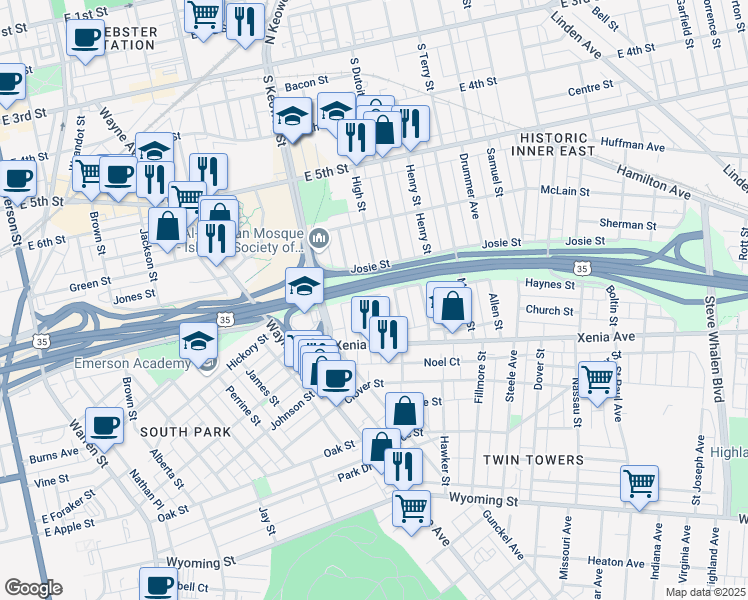 map of restaurants, bars, coffee shops, grocery stores, and more near 225 Hoch Street in Dayton