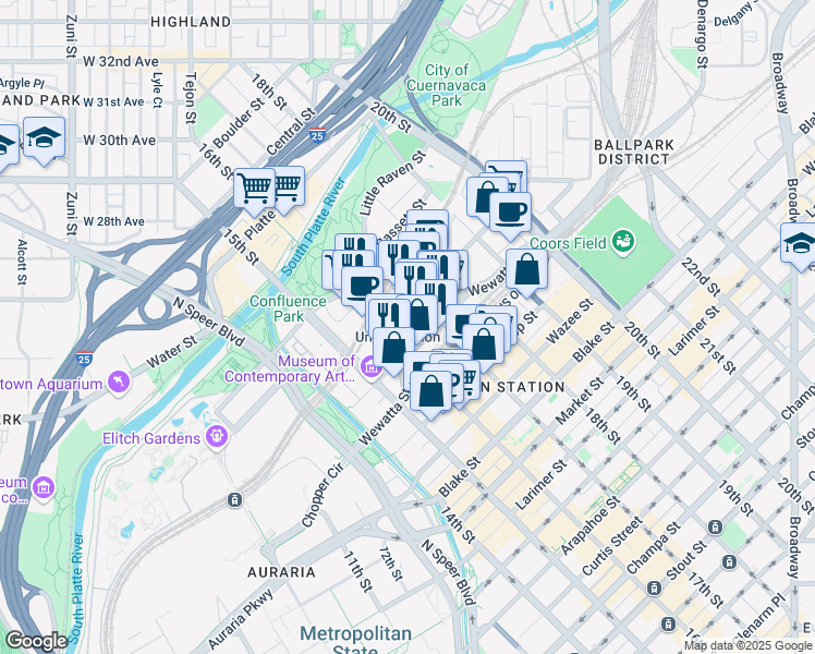 map of restaurants, bars, coffee shops, grocery stores, and more near 1601 Wewatta Street in Denver
