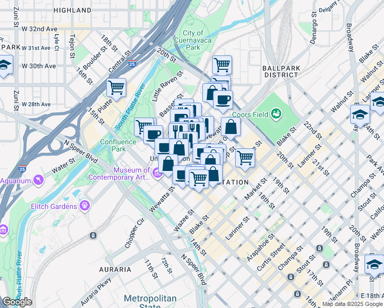 map of restaurants, bars, coffee shops, grocery stores, and more near 1700 Wewatta Street in Denver