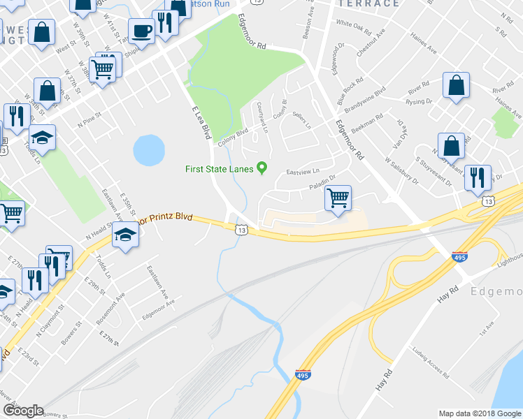 map of restaurants, bars, coffee shops, grocery stores, and more near 14 Paladin Drive in Wilmington