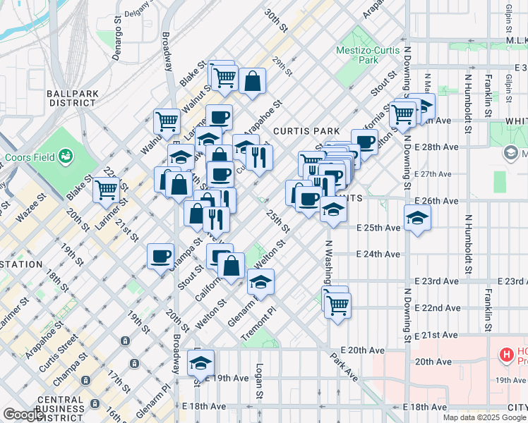 map of restaurants, bars, coffee shops, grocery stores, and more near 2519 Stout Street in Denver