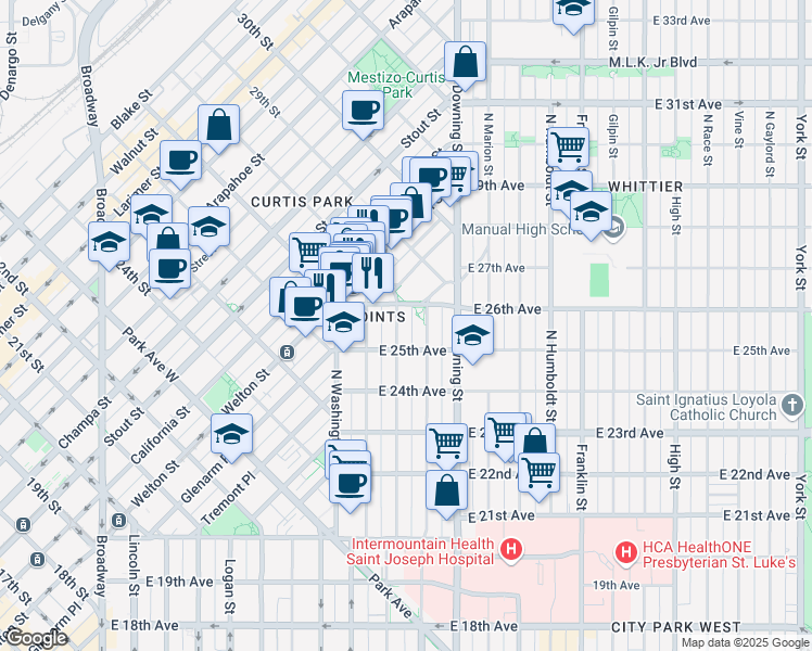 map of restaurants, bars, coffee shops, grocery stores, and more near 2567 Emerson Street in Denver