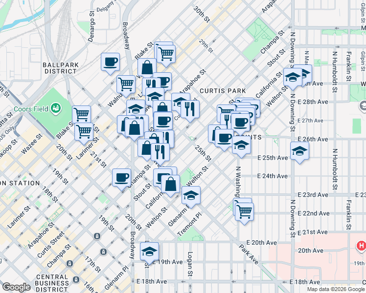 map of restaurants, bars, coffee shops, grocery stores, and more near in Denver