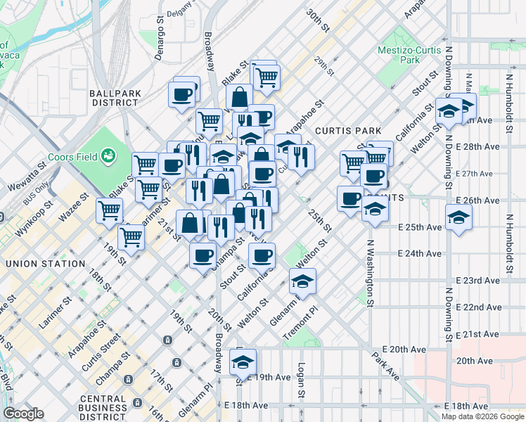 map of restaurants, bars, coffee shops, grocery stores, and more near in Denver