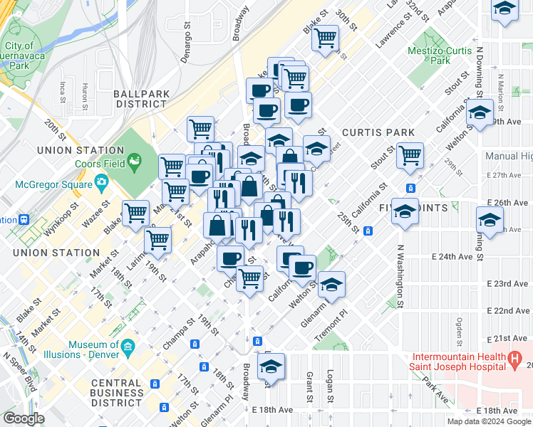 map of restaurants, bars, coffee shops, grocery stores, and more near 2318 Arapahoe Street in Denver
