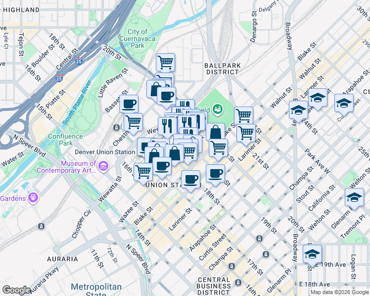map of restaurants, bars, coffee shops, grocery stores, and more near 1601 19th Street in Denver