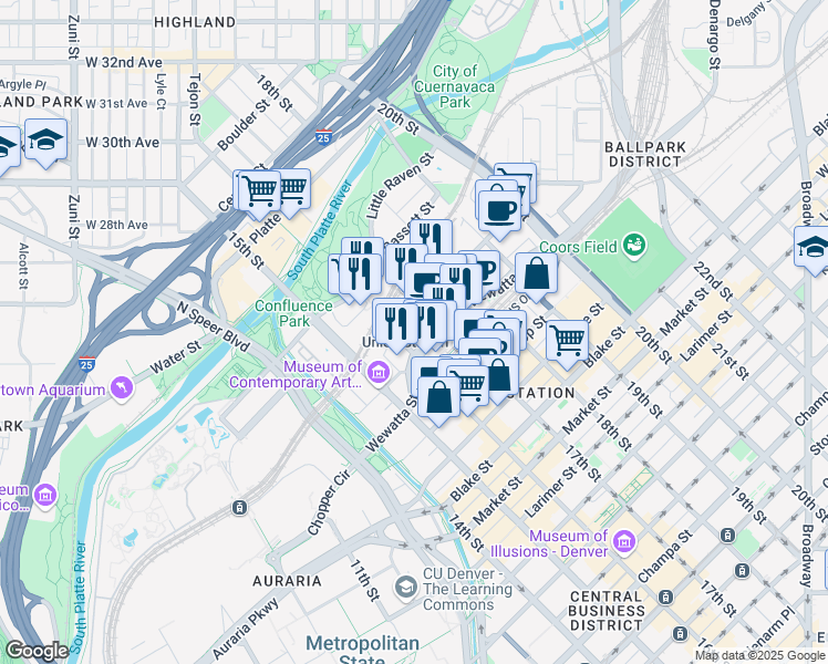 map of restaurants, bars, coffee shops, grocery stores, and more near 1920 17th Street in Denver