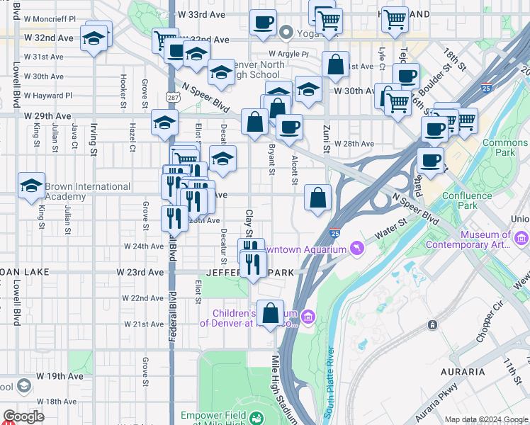 map of restaurants, bars, coffee shops, grocery stores, and more near 2620 West 26th Avenue in Denver