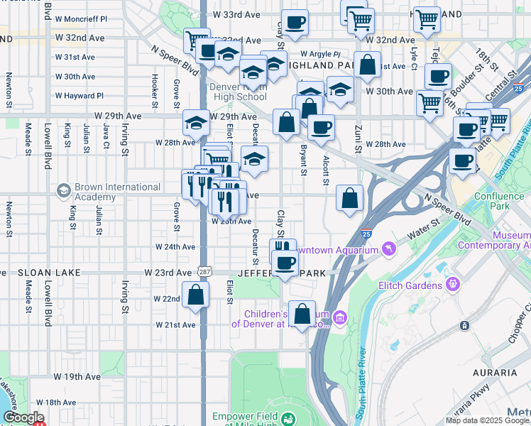 map of restaurants, bars, coffee shops, grocery stores, and more near 2714 West 26th Avenue in Denver