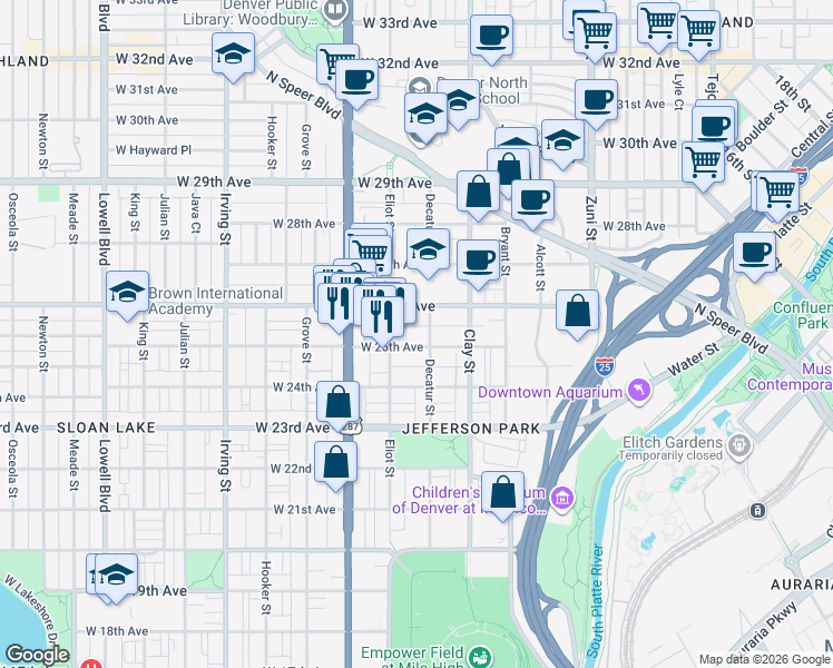 map of restaurants, bars, coffee shops, grocery stores, and more near 2812 West 26th Avenue in Denver