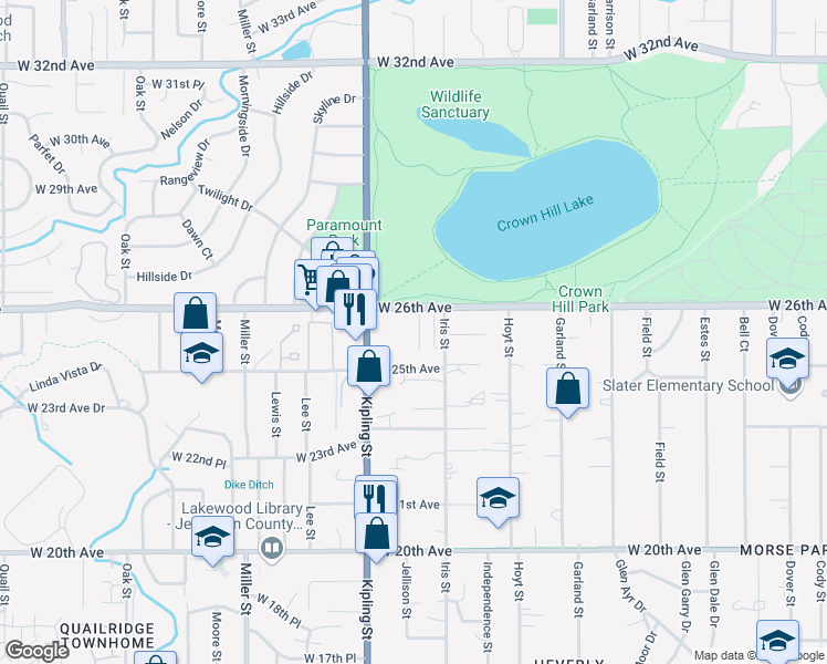 map of restaurants, bars, coffee shops, grocery stores, and more near 9814 West 26th Avenue in Lakewood